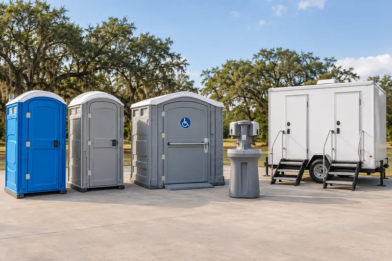 Portable toilets, washing station and trailer lineup