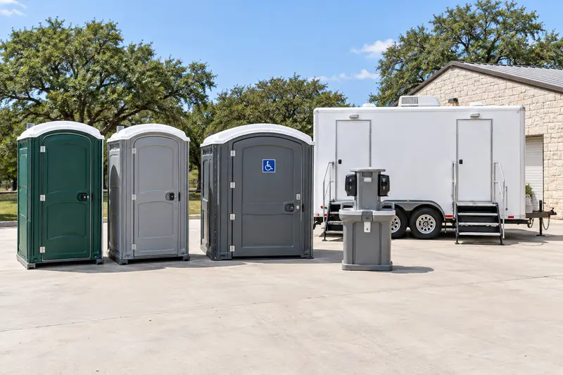 Portable toilet cabins, an accessible unit, a wash station and a restroom trailer